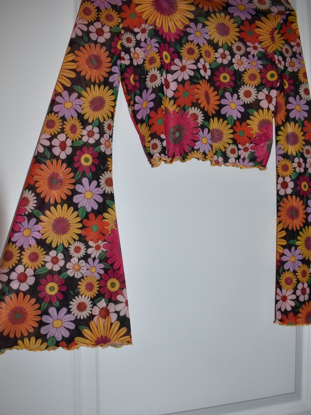 Retro Y2K Floral Mesh Mock Neck Crop Top W/ Bell Sleeves and Scalloped Edges - Picture 2 of 4